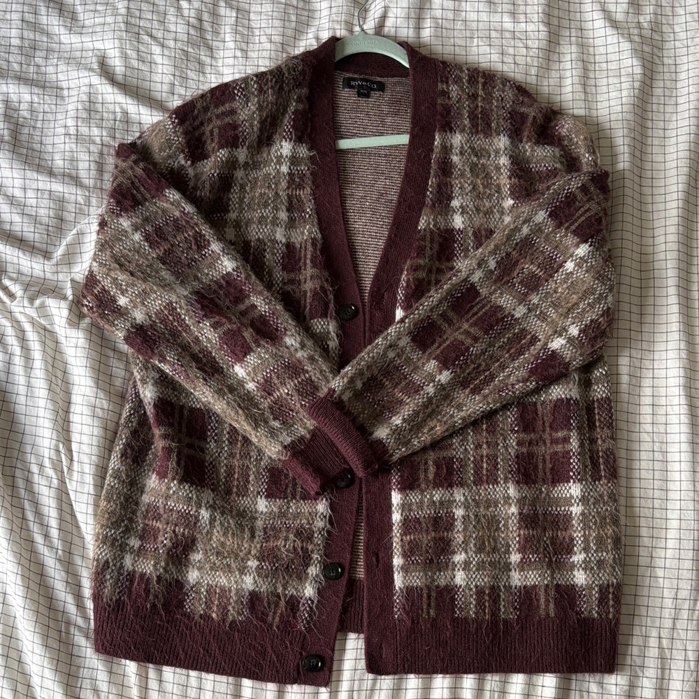 Knit Plaid Button-Front Cardigan Sweater - Brown